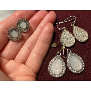 Set of Three Rhinestone and Faux Moonstone Pierced and Drop Earrings.